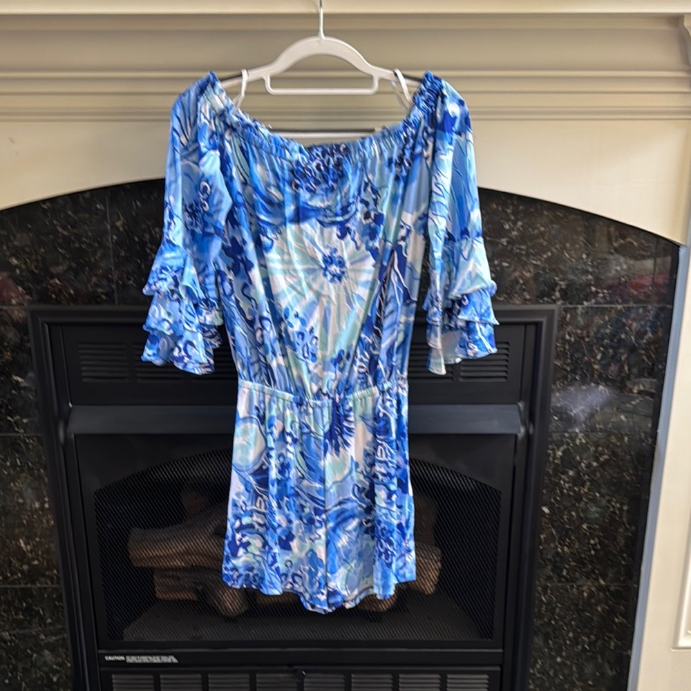 Lilly Pulitzer Blue and White Ruffled Off-Shoulder Romper